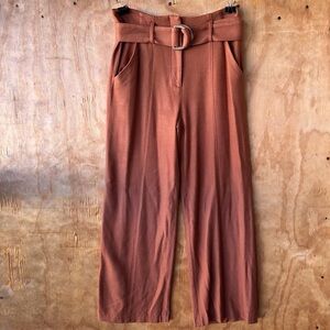 Veronica Beard High Waist Wide Leg Crop  Front Seam Rust Orange Belted Trousers